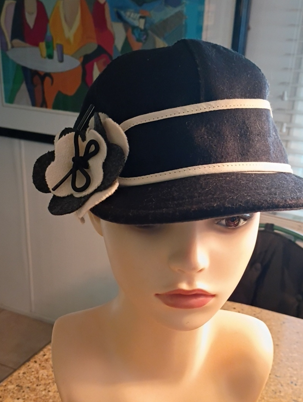 Retro Black Wool Cloche Hat with Cream Trim and Flower Accent